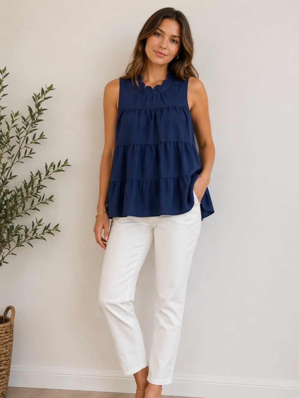Monteau Los Angeles Tiered‎ Scalloped Babydoll Tank Top Womens Large Navy Blue